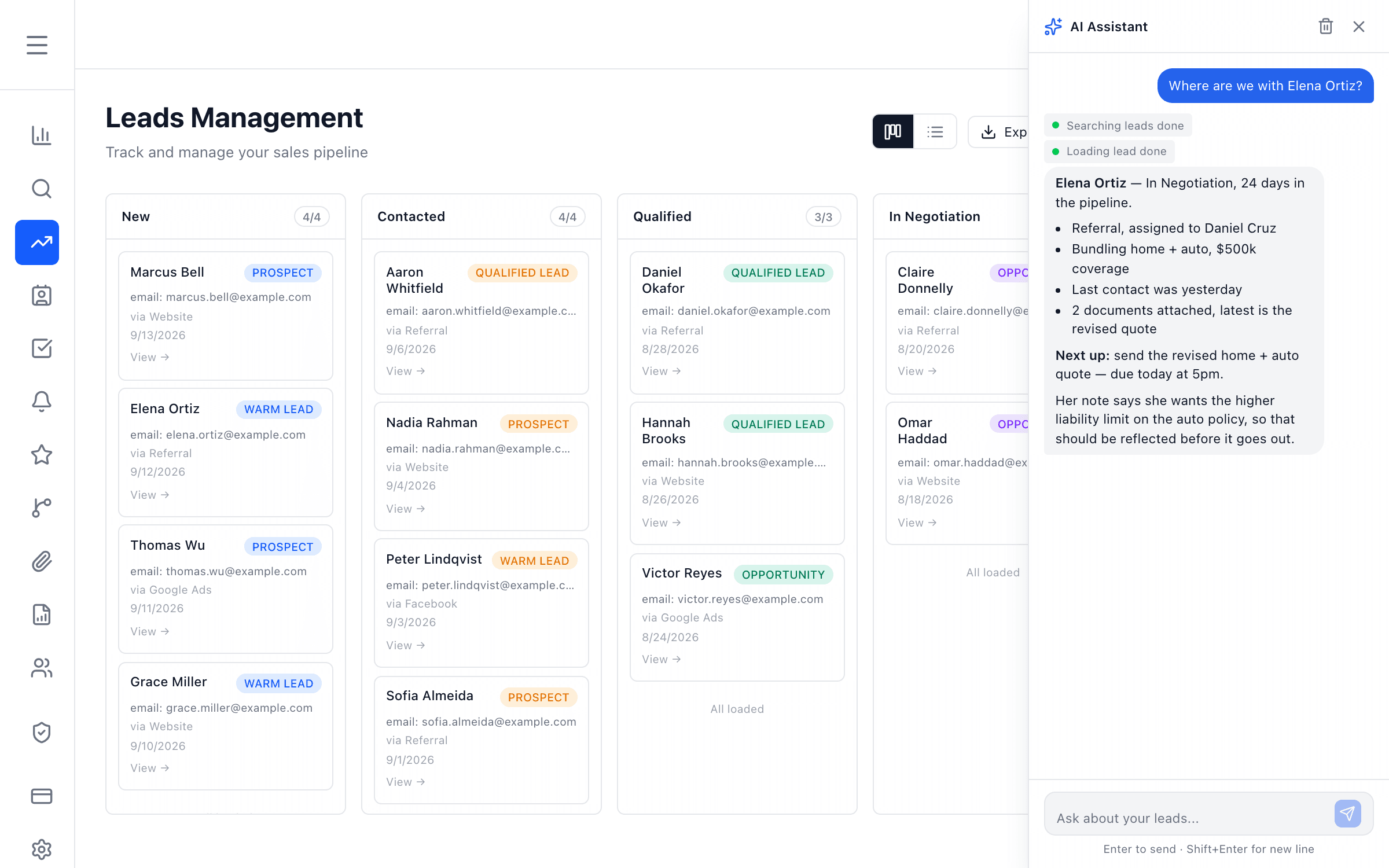 DPA AI chat summarizing a lead's status and history