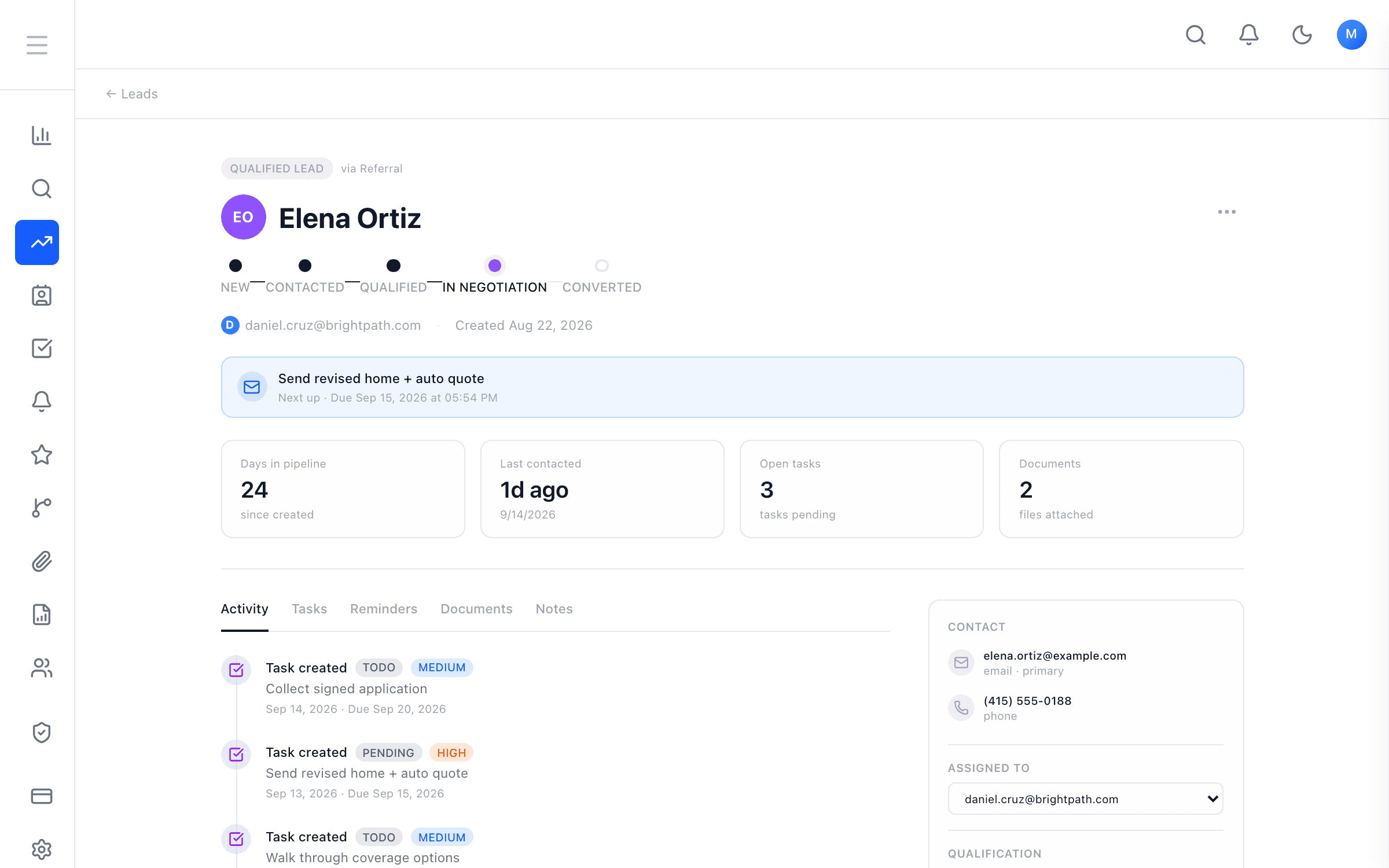 DPA lead record with contact details, documents, and history